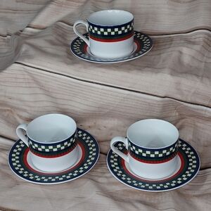 Ella's Rooster Bob Timberlake vintage coffee cups & saucers white green red blue